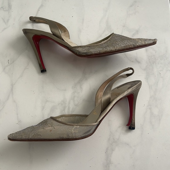 Authentic Christian Louboutin | Size 37 EU / Size 7 US | Silver Lace Slingback - Picture 3 of 11